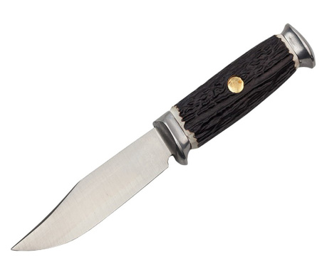 Ловен нож IdeallStore, Специалист по оцеляване, 21 см, неръждаема стомана, кафява, кожена обвивка