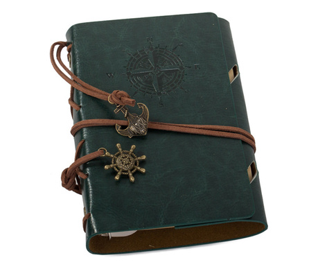 Agenda tip jurnal de calatorie, cu legatori din piele si coperta din piele ecologica, Vintage, 15 x 10 cm, Nedatata, Verde inchi
