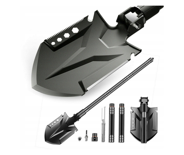 IdeallStore® többfunkciós lapát, Outdoor Evolution, 8 az 1-ben, rozsdamentes acél, 83 cm, fekete