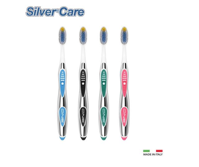 Kartáček na zuby Silver Care One střední štětiny + 1 vyměnitelná náhradní hlavice Stříbro, přirozený a nepřetržitý antibakteriál