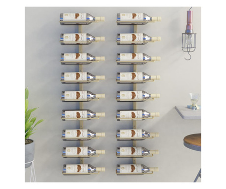 Suport sticle de vin, de perete, 9 sticle, 2 buc., auriu, fier