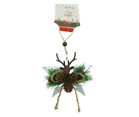 Ornament de brad stea cu cerb, Flippy, multicolor, lemn, 15 cm