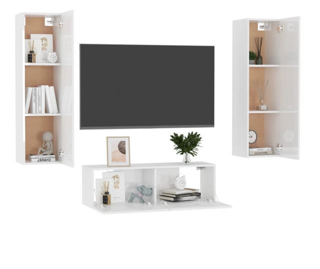 Set TV ormarića, 3 komada, bijeli visokog sjaja, MDF