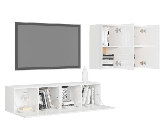 Set TV ormarića, 4 dijela, bijeli visoki sjaj, PAL