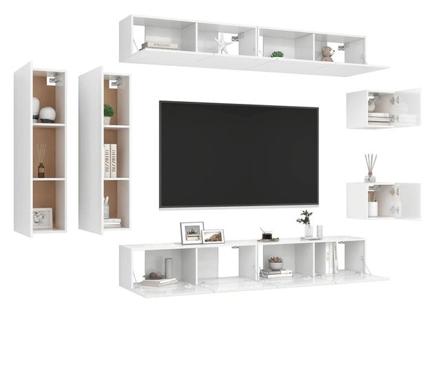 Set TV ormarića, 8 komada, bijeli visoki sjaj, MDF