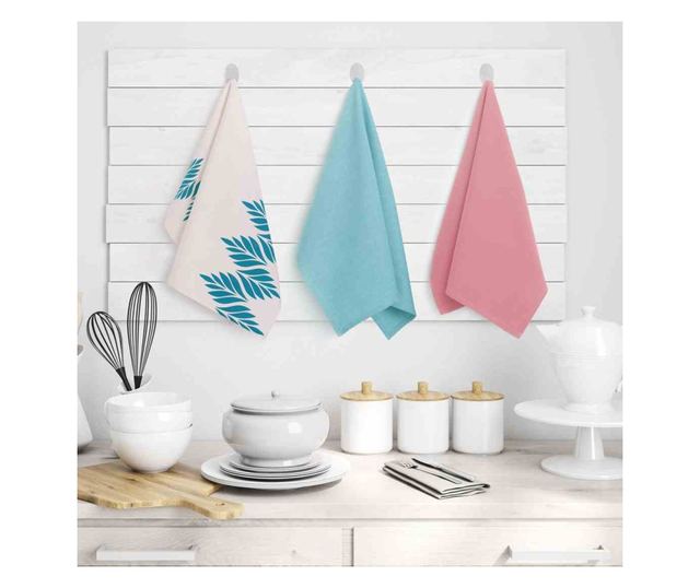 Set prosop de bucatarie Letty modern cu model decorativ imprimat, 3 buc, Roz, 50x70 cm