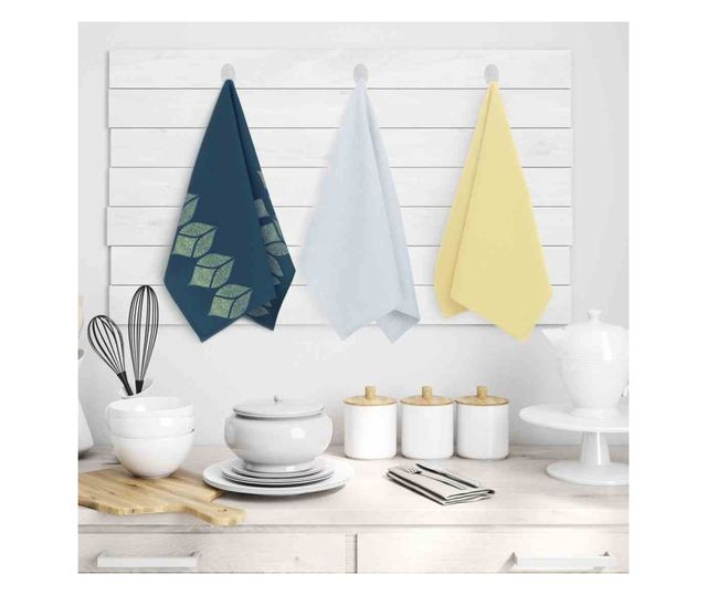 Set prosop de bucatarie Letty modern cu model decorativ imprimat, 3 buc, Galben, 50x70 cm