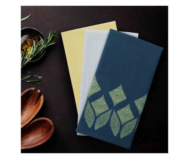 Set prosop de bucatarie Letty modern cu model decorativ imprimat, 3 buc, Galben, 50x70 cm