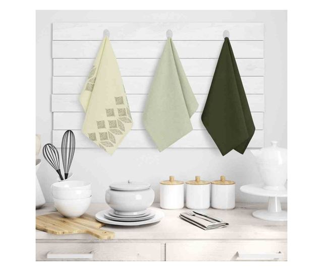 Set prosop de bucatarie Letty modern cu model decorativ imprimat, 3 buc, Vernil, 50x70 cm