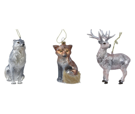 Set 3 ornamente Craciun ren, vulpe, lup , 13 cm, sticla, multicolor
