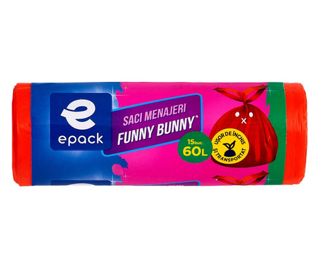 Saci menajeri Epack Funny Bunny, 60 l, 60 x 71 cm + 16 cm, 15 buc/rola, Rosu