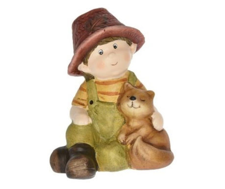 Figurina ceramica copil cu animalut, sezut, 10,5x10x14 cm