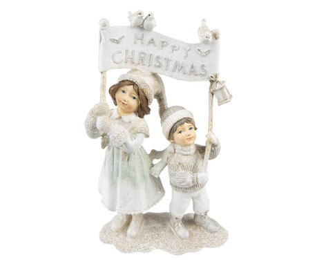 Ezüst fehér ruhás kislányok Happy Christmas táblával karácsonyi dekoráció figura