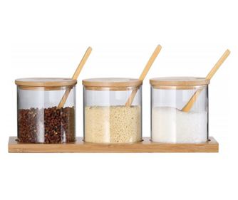 3 db Pufo Sole Tároló Szett Kanállal és Fa Állvánnyal Cukorhoz, Kávéhoz, Teához vagy Más Fűszerekhez - Elegancia és Rendszerezés