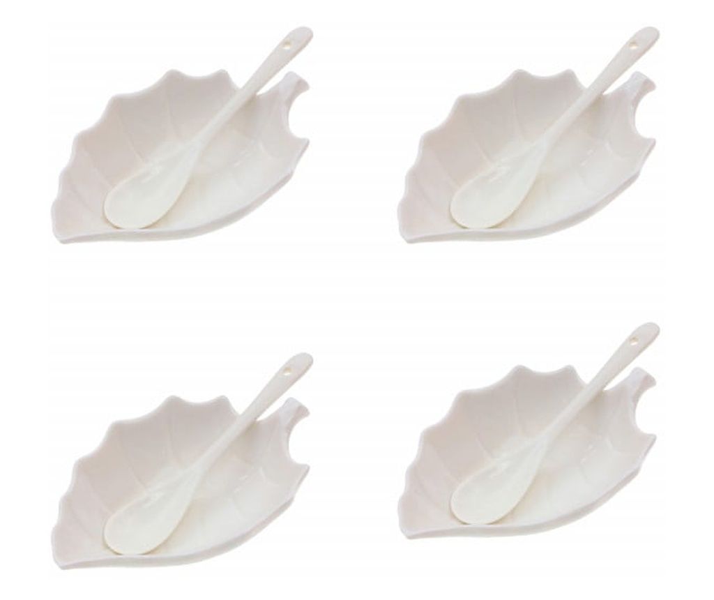 Set 4 boluri din portelan Pufo pentru aperitive, desert, sosiera, cu lingurite, albe