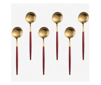 Set 6 lingurite Pufo Luxury pentru cafea, ceai, desert, otel inoxidabil, 13 cm, auriu/rosu