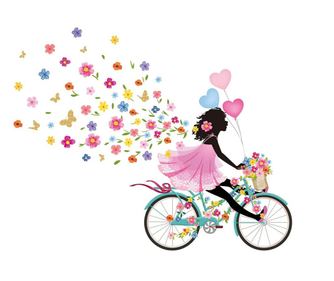 Sticker decorativ, Fata pe bicicleta cu fluturi, 90 cm, 1141STK-1