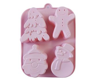 Forma silicon pentru prajituri, Tema Craciun, Brad, Mos Crciun, Om de turta dulce, Om de zapada, 4 cavitati, Roz, 20 cm, 487COF