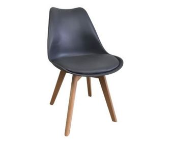 Scaun dining MOON, polipropilena, piele ecologica, picioare lemn, gri inchis