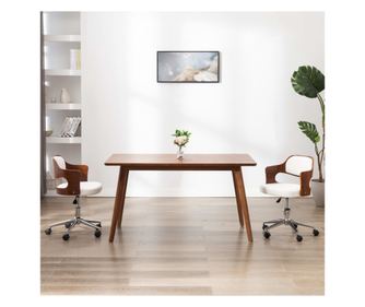 Vrteči jedilni stoli, 2 kosi, bela, oblikovana les in ekološka usnja