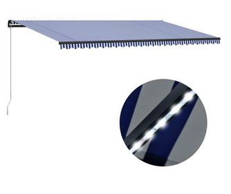 Сгъваема ръчна тента с LED, синьо/бяло, 600x300 см