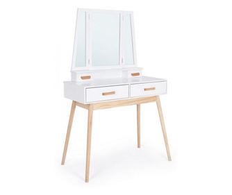 Egyszerű fehér/natúr fa konzolasztal tükörrel és 4 fiókkal - 90 cm x 40 cm x 144 cm