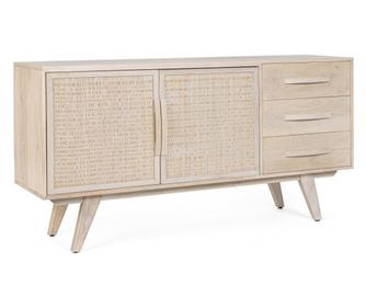 Sahana mangófából és természetes rattanból készült komód 2 ajtóval és 3 fiókkal, 155x40x80 cm