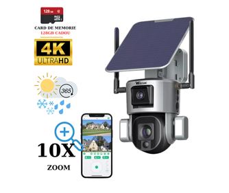 Camera Supraveghere 4G 4K Ultra HD, Dual Camera 4MP+4MP, 10X Optical ZOOM, Incarcare Solara, Rotire Din Aplicatie, Rezistenta La