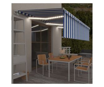 Αυτόματη τέντα με ρολό & LED & αισθητήρα ανέμου, μπλε/λευκό, 6x3 μ