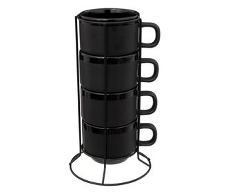 Set 4 cani Black Alpha, ceramica, suport metalic, 220 ml