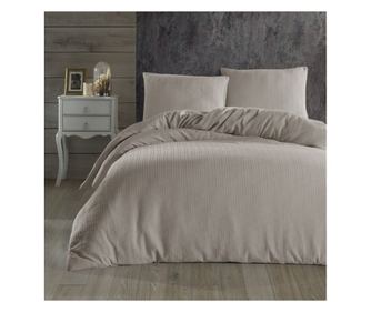 Lenjerie pat dublu Krep Jacquard Beige Studio Casa, 100% Bumbac ranforce Jacquard creponat, Cearceaf pilota 200 x 220 cm, Cearce