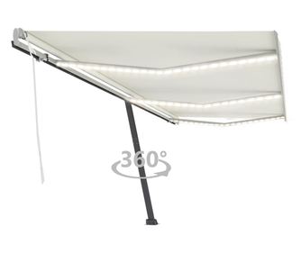 Ръчно прибиращ се тента с LED осветление, кремав, 600x300 см