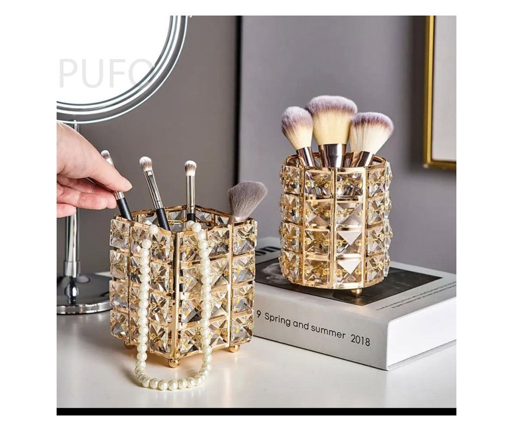 Pufo Glam елегантен органайзер поставка за четки за грим, червила, бижута, металик, 12 см, златен - 8