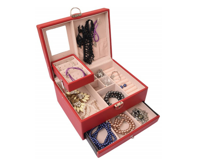 Cutie eleganta de dama Pufo Glamour pentru depozitare si organizare bijuterii si accesorii, model etajat, rosu
