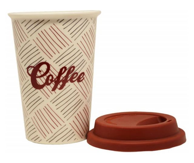 Pufo Stripes kerámia utazókávés bögre szilikon fedéllel, 415 ml