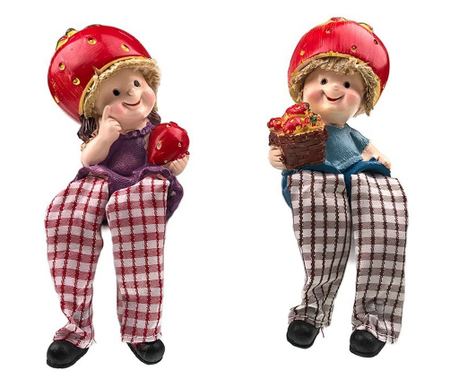 Ornament decorativ, Copii cu par din paie si caciula in forma de capsuna si picioare atarnand, Rosu, 17 cm, 1142H