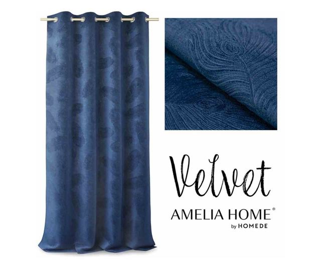 Bársony függöny ezüst karikákkal, Peacock, 220 g/nm, Amelia Home, 135x250 cm, Kék
