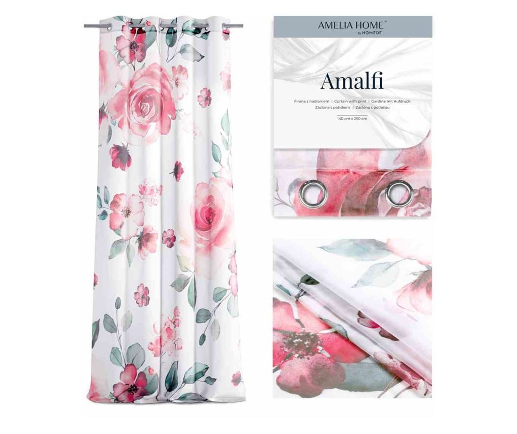 Virágmintás, klasszikus stílusú voile függöny ezüst karikákkal, Amalfi, 48 g/m², Amelia Home, 140x250 cm, Fehér Amalfi 140x250 c - 2