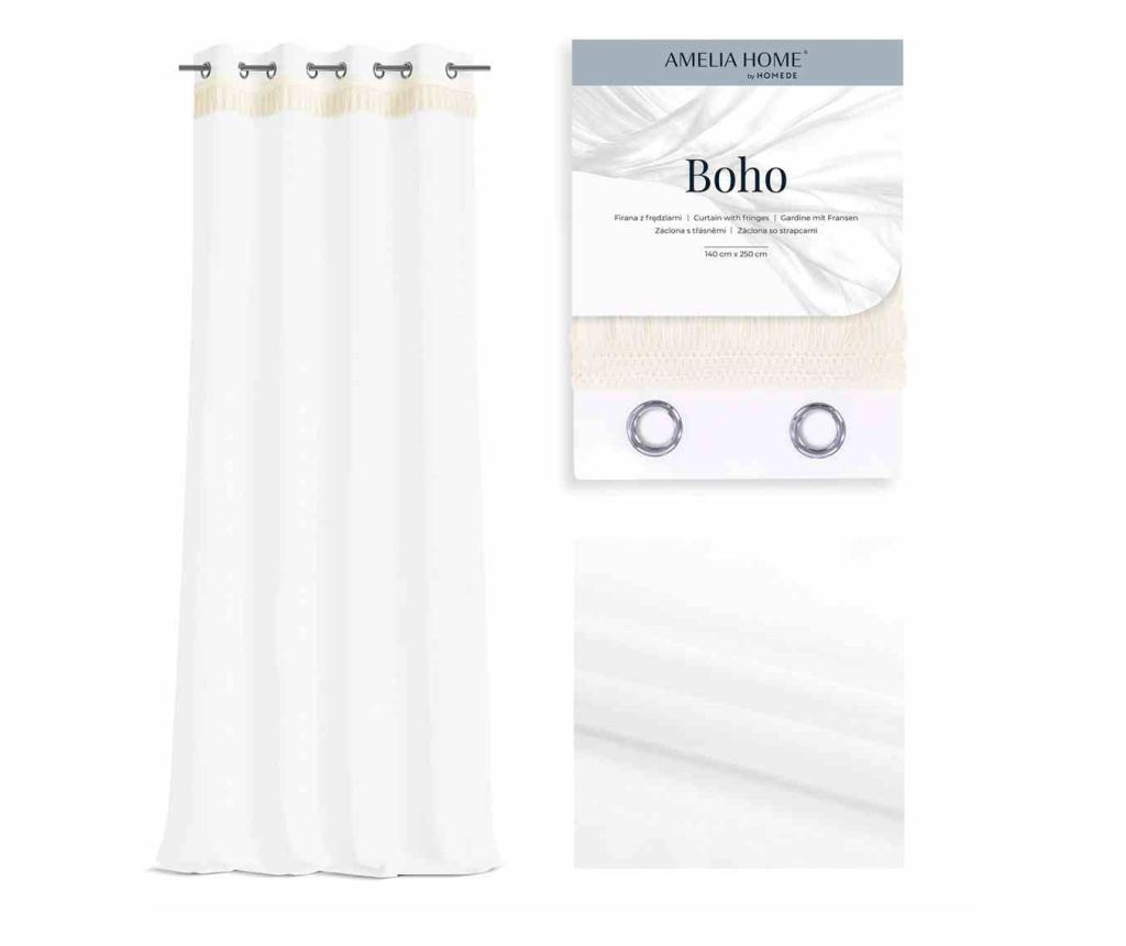 Klasszikus hímzett függöny ezüst karikákkal, Boho, 48 g/m², Amelia Home, 140x270 cm, Fehér Boho 140x270 cm - 2