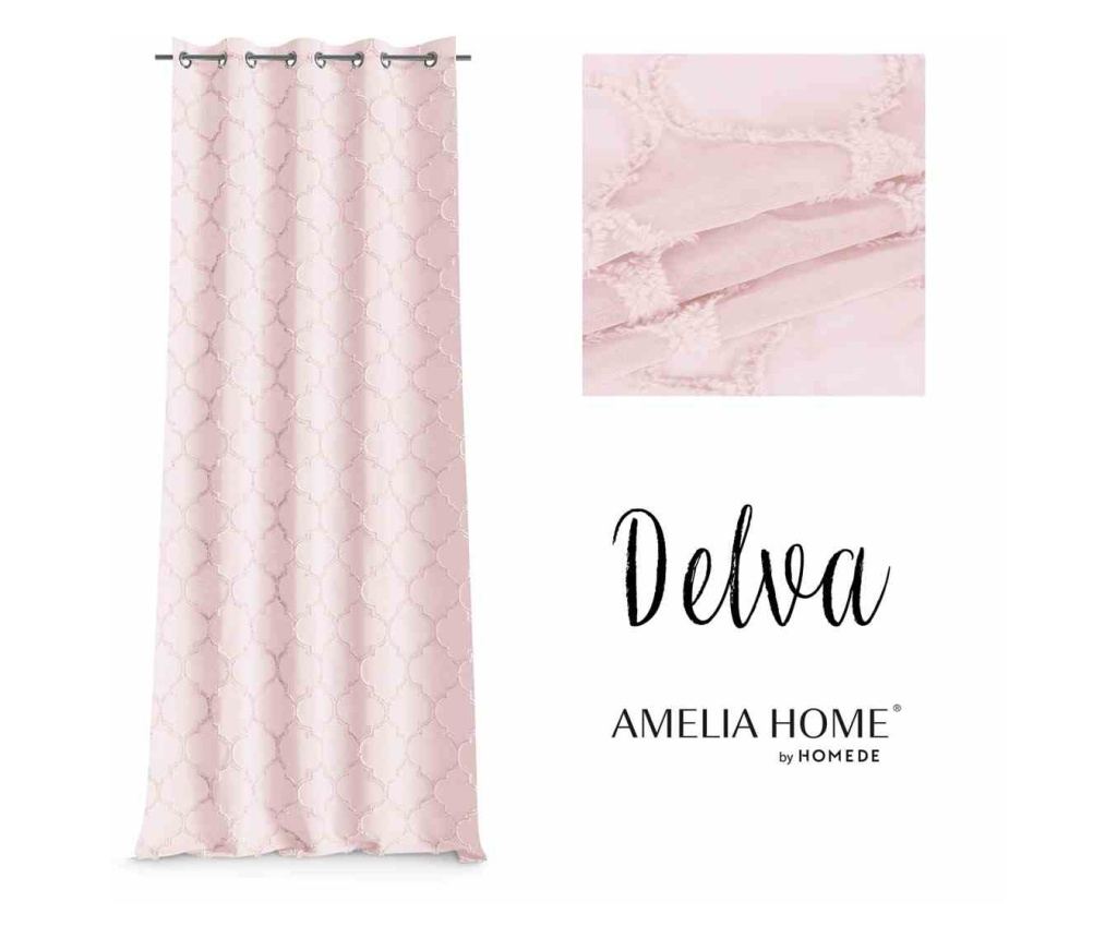 Klasszikus hímzett függöny ezüst karikákkal, Delva, 48 g/m², Amelia Home, 140x250 cm, Rózsaszín Delva 140x250 cm - 2