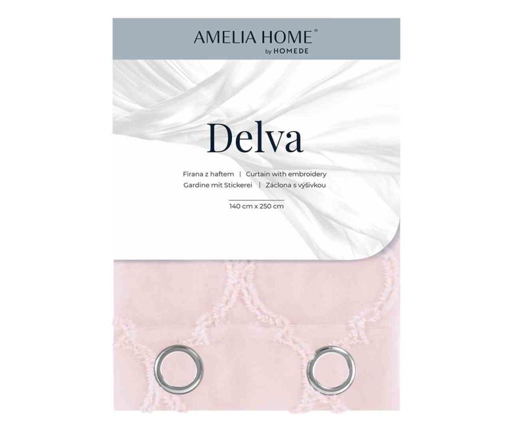 Klasszikus hímzett függöny ezüst karikákkal, Delva, 48 g/m², Amelia Home, 140x250 cm, Rózsaszín Delva 140x250 cm - 4