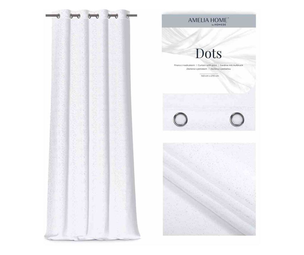Glamour függöny ezüst karikákkal, pöttyös, 70 g/m², Amelia Home, 140x250 cm, Fehér pöttyös 140x250 cm - 2
