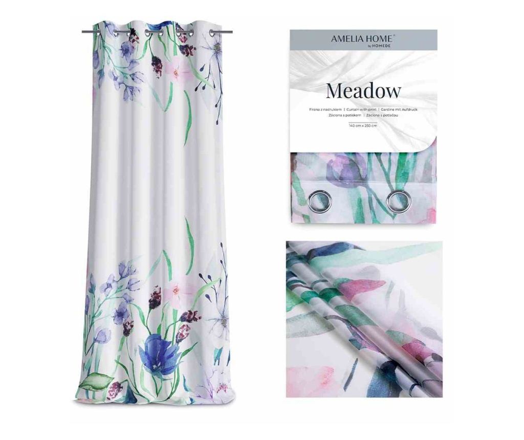 Virágmintás klasszikus voile függöny ezüst karikákkal, Meadow, 48 g/m², Amelia Home, 140x270 cm, Fehér Meadow 140x270 cm - 4