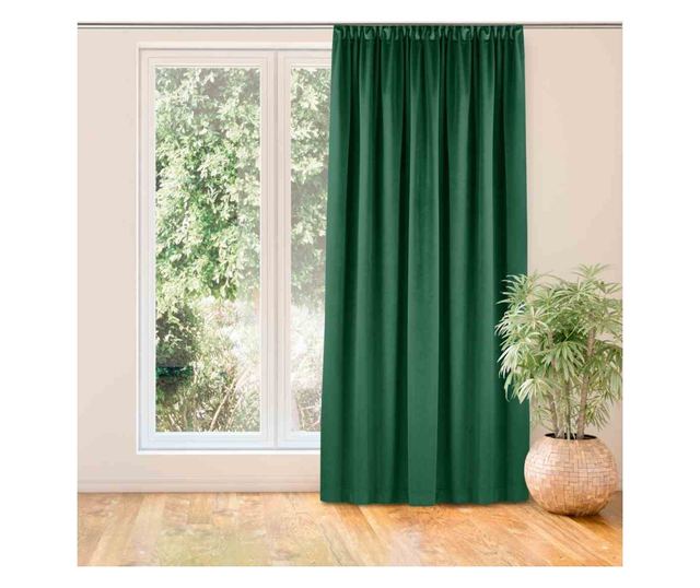 Кадифена завеса с 7.5 см лента за окачване тип пчелна пита, Vila, 210 гр/кв.м, Homede, 135x300 см, Зелена Vila 135x300 см