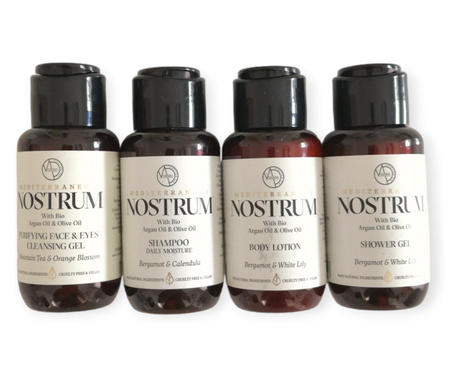 Set travel Nostrum Vacanta Perfecta, 4 x 50 ml produse cosmetice esentiale Travel Size, ingrediente naturale peste 91,4%, lotiun