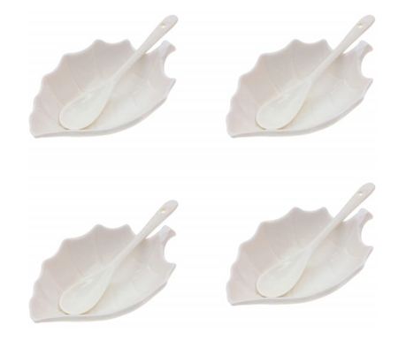 Комплект 4 керамични купи Pufo за предястия, десерт, гарнитура, с лъжици, бели