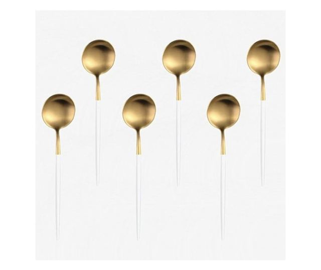 Set 6 lingurite Pufo Luxury pentru cafea, ceai, desert, otel inoxidabil, 13 cm, auriu/alb