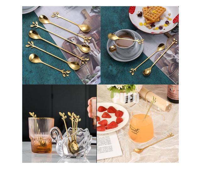 6 teáskanál Pufo levél kávéhoz, tea, desszert, acél, levél alakú fogantyú, arany, 13 cm