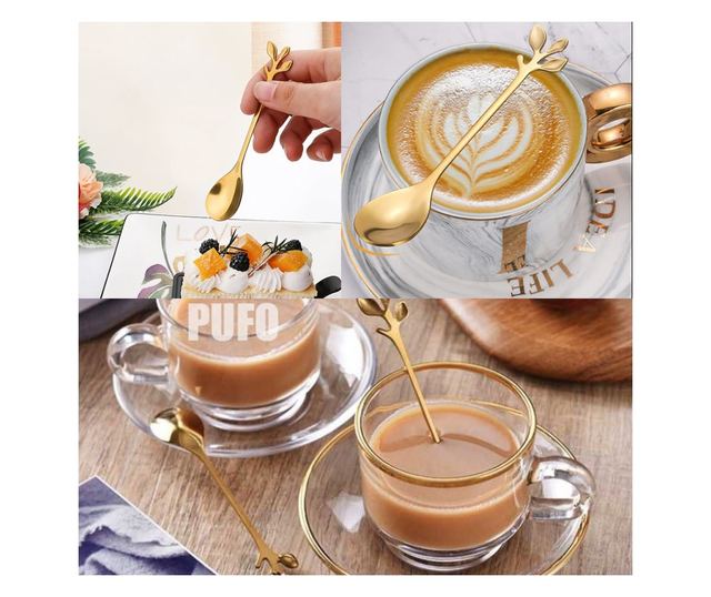 6 teáskanál Pufo levél kávéhoz, tea, desszert, acél, levél alakú fogantyú, arany, 13 cm