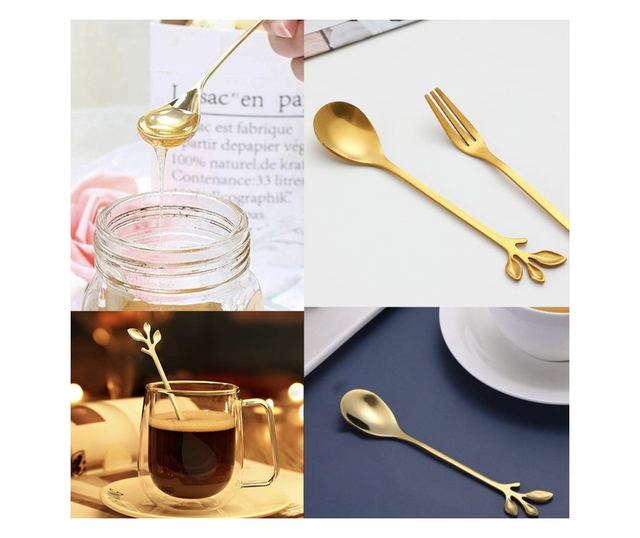 6 teáskanál Pufo levél kávéhoz, tea, desszert, acél, levél alakú fogantyú, arany, 13 cm